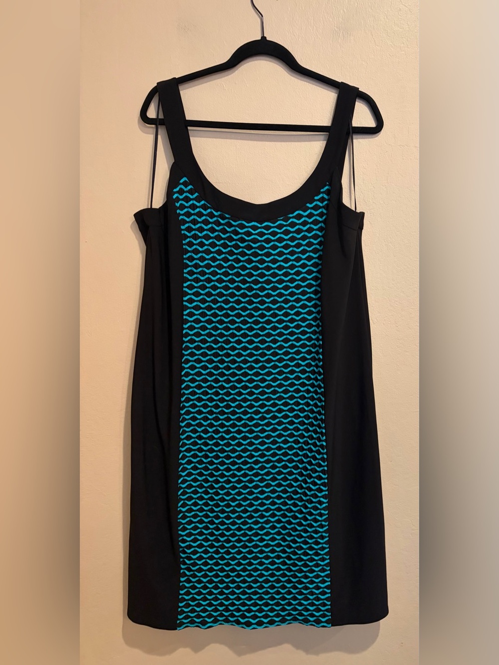 R&M Richards Black Dress w/ Teal Chevron Panel, 80s Eclectic, Retro, size 18